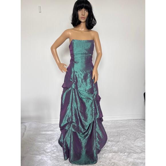 Vintage 80's F.I.E.S.T.A. iridescent teal taffeta draping strapless gown Medium - Picture 14 of 16